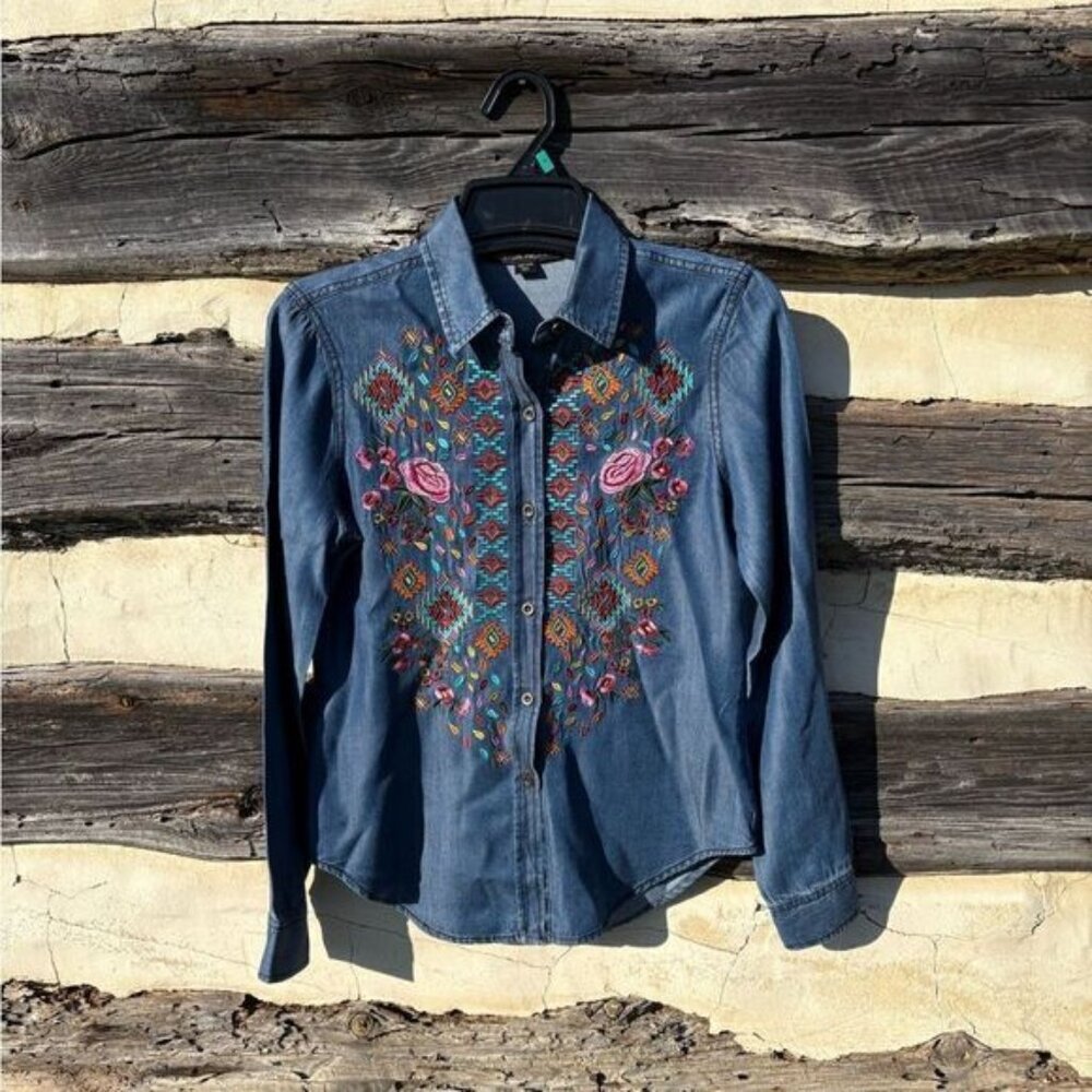 Boston Proper Embroidered Tencel Button Down Shirt